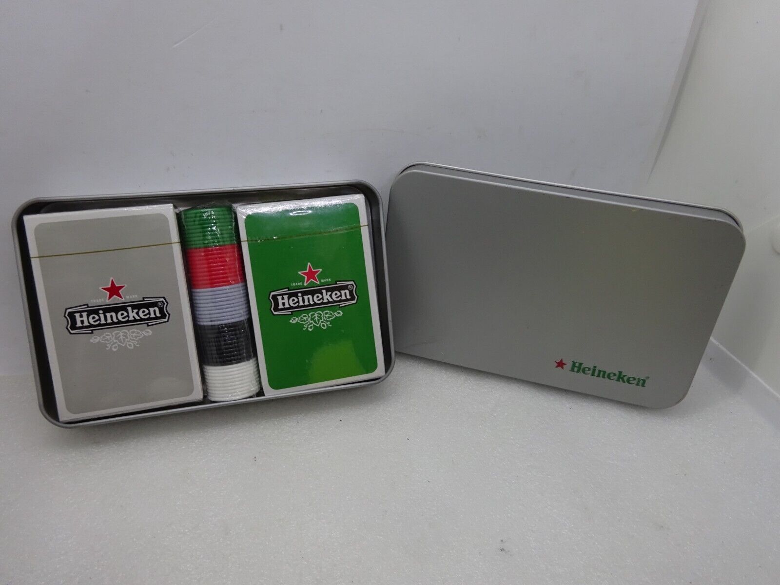 Nos Heineken Beer Double Deck Playing Cards With Chips In Tin Case Sealed