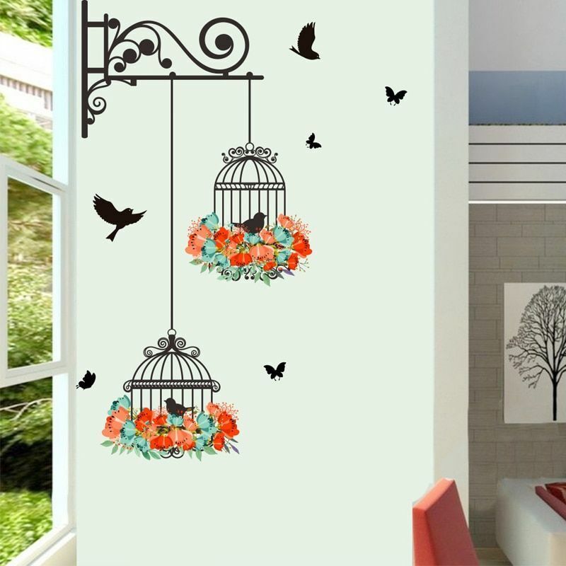 Colorful Flower Birdcage Flying Birds Wall Sticker Home Living Room Decoration