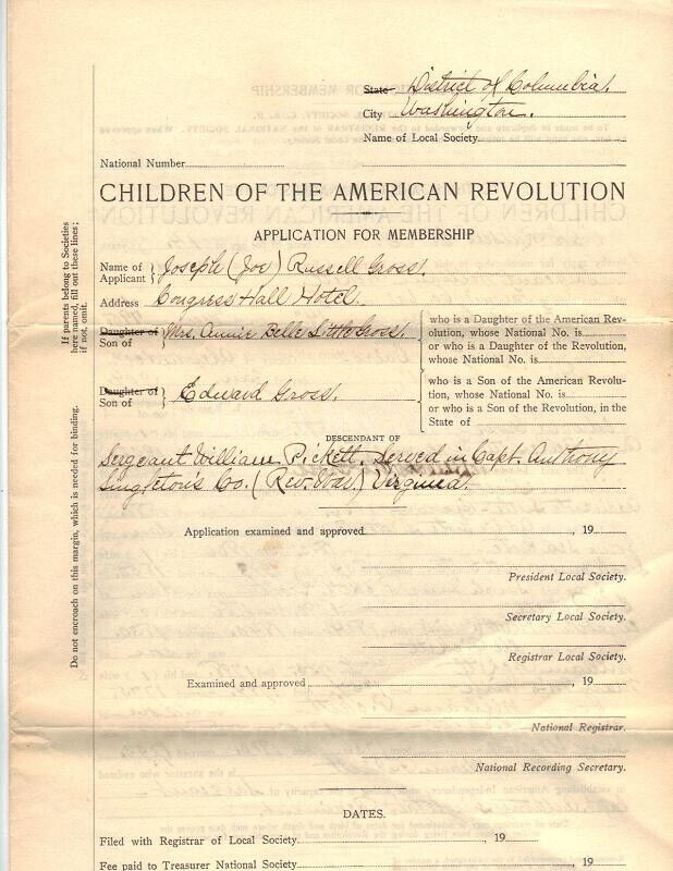 1918 Children Of American Revolution Application -"joe" Russell Gross - Cairo Il