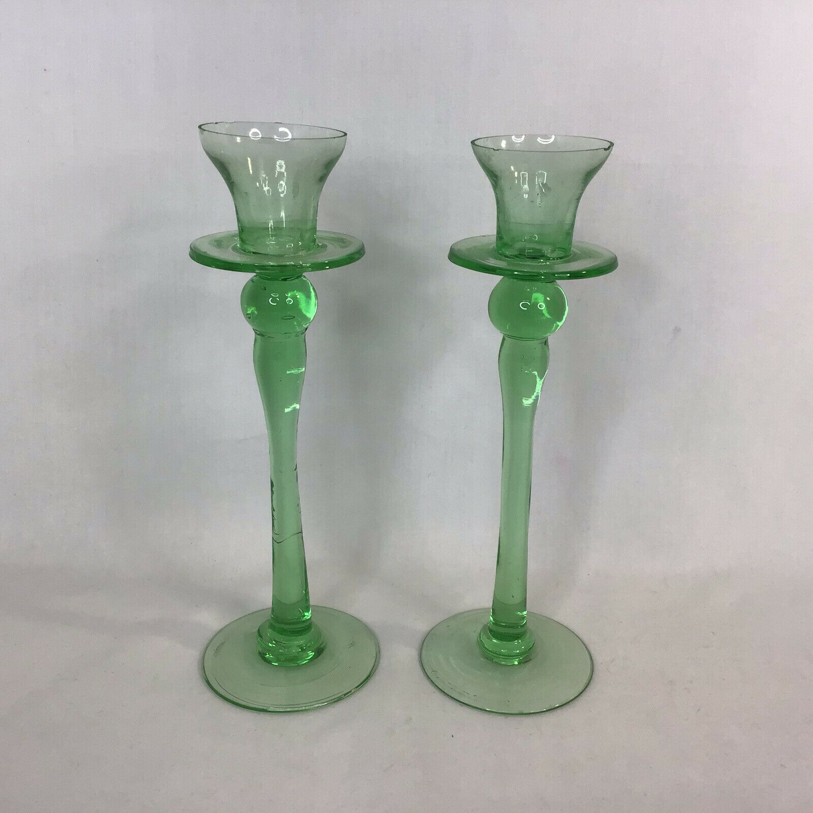 Vintage Green Glass Taper Candlestick Holder Set of 2
