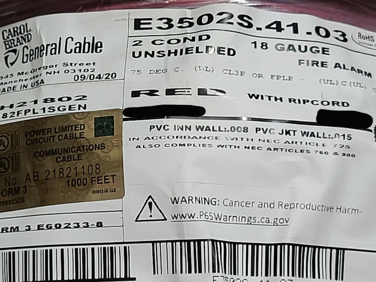 Carol E3502s 18/2c Solid Plenum Fire Alarm Wire Cable Fplp Red /100ft