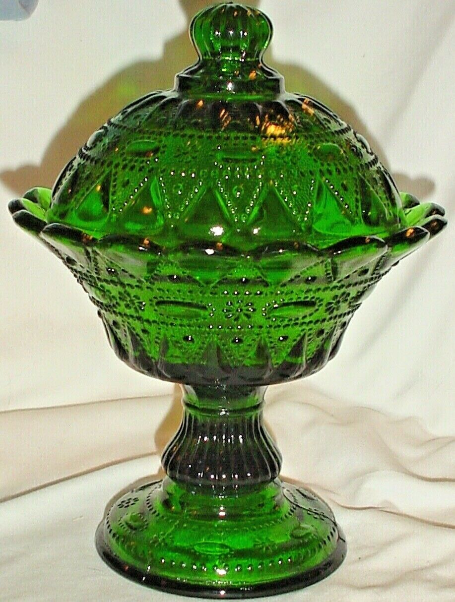 Estate Emerald Green Fancy Glass Compote Covered Candy Pressed/9"