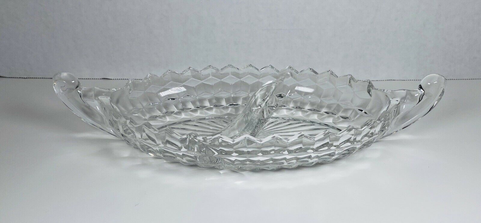Divided Oval Boat Serving Nut Candy Dish Diamond 💎 Pattern Handles 12”