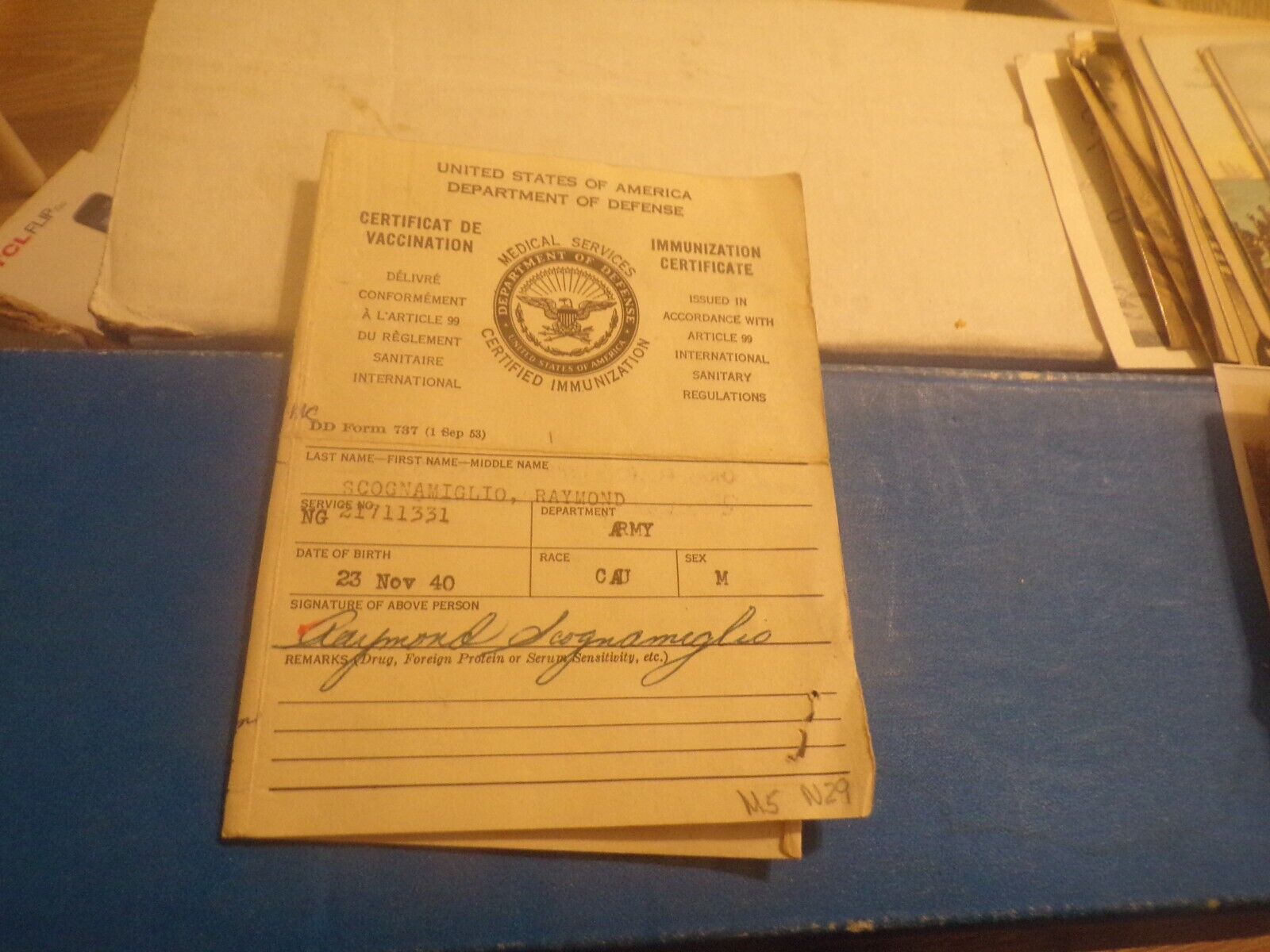 1940 DEPT OF DEFENSE ARMY IMMUNIIZATION/VACC CARD-R SCOGNAMIGLIO-SMPOX/TY FEVER&