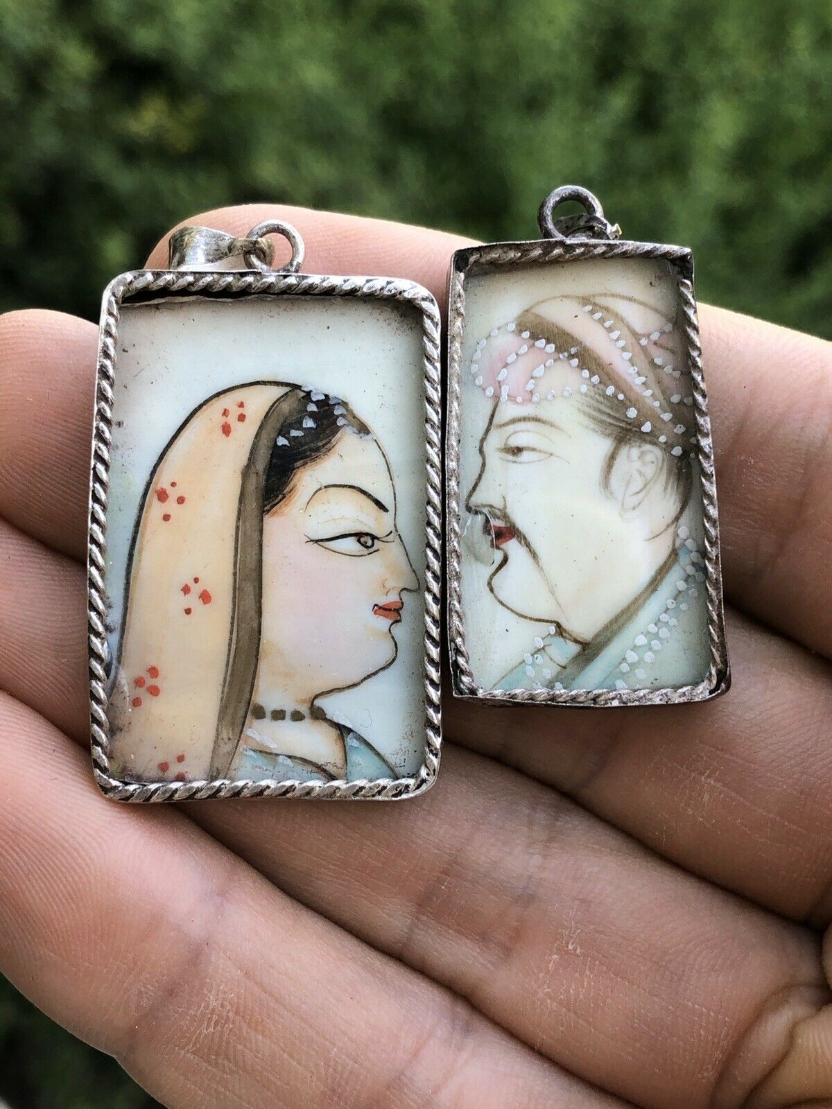 Pair Of Antique Indian Silver Pendants Hand Painted Portraits