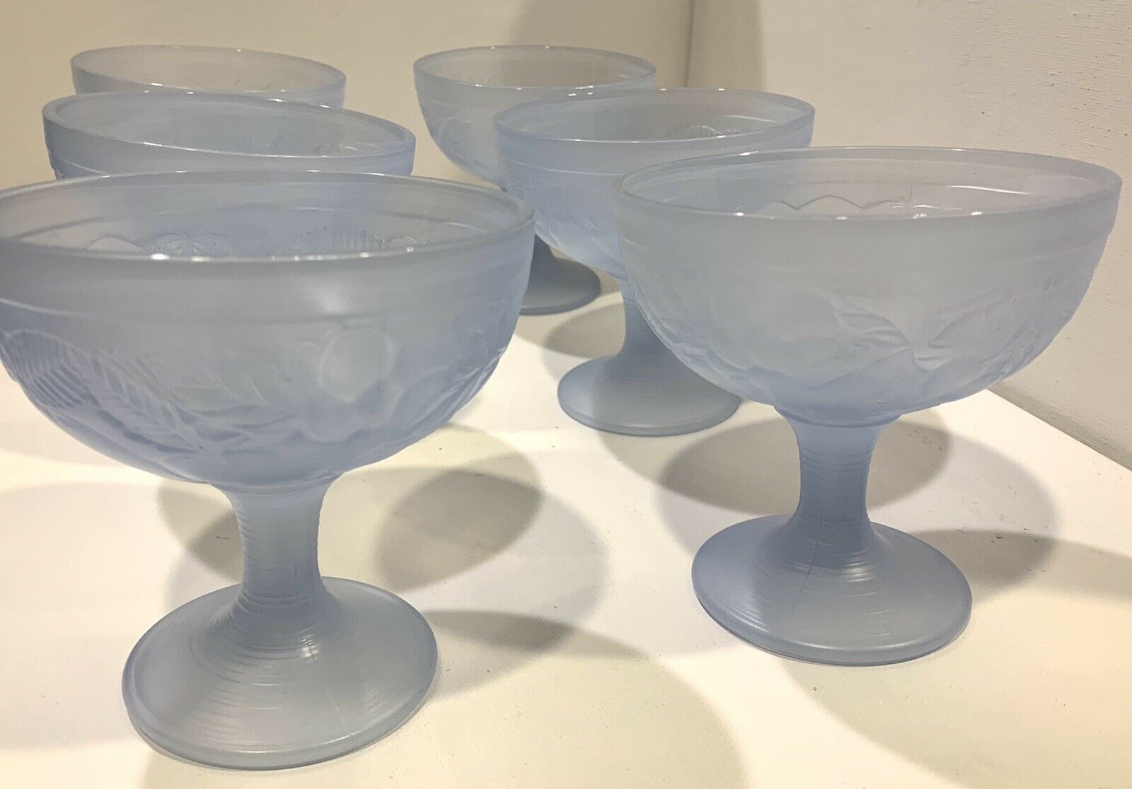 Set Of 6 Frosted Blue Pressed Glass Footed Dessert Bowls Fruit Pattern