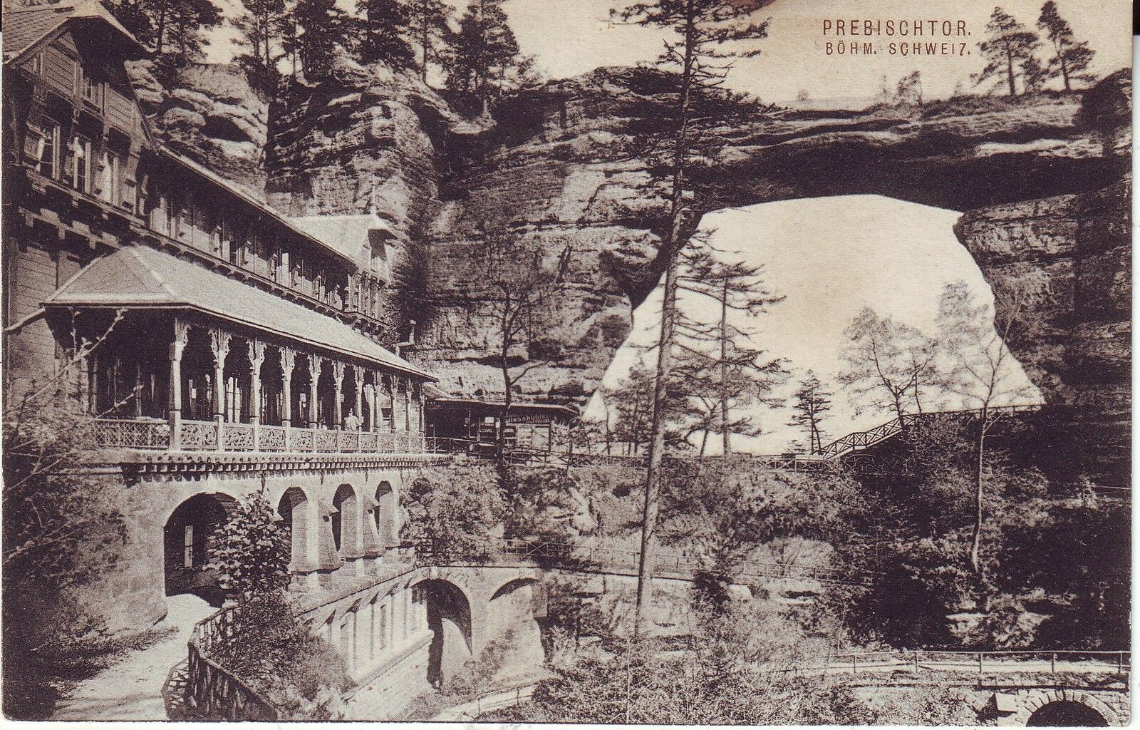 Czech Pravčicka brana Prebischtor Falcon Nest Hotel and Arch old unused postcard