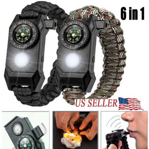 6in1 Tactical Survival Kit Paracord Bracelet-compass, Fire, Led, Knife & Whistle