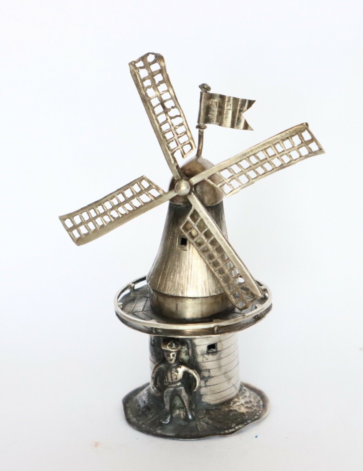 1900 Dutch Silver Miniature Of Windmill With Man Upfront.