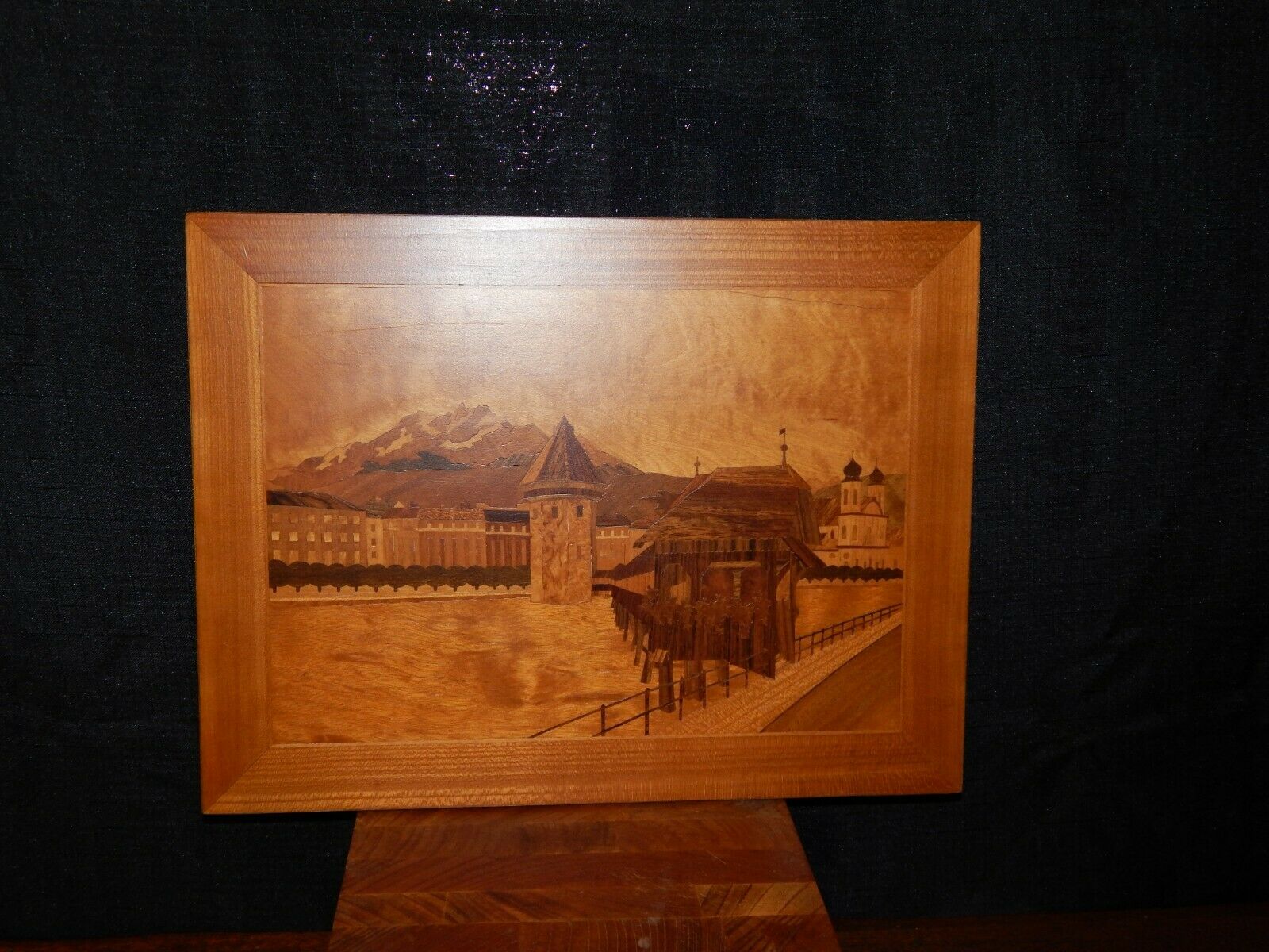 Marquetry of Old World Town Church, Mountain & River Scene. HANDMADE EXCELLENT