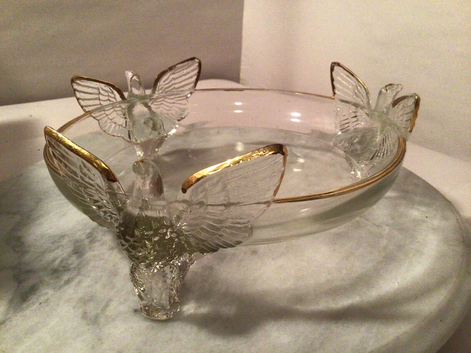 Vintage Glass Bowl With Three Eagles 7 Inch Across