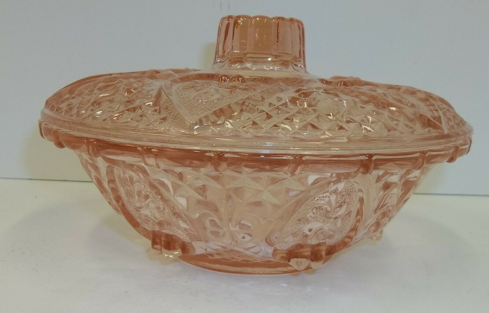 Pink Glass Lidded Candy Dish - Hearts and Flowers