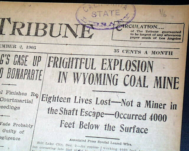 DIAMONDVILLE Lincoln County Wyoming No. 1 Mine EXPLOSION Disaster 1905 Newspaper