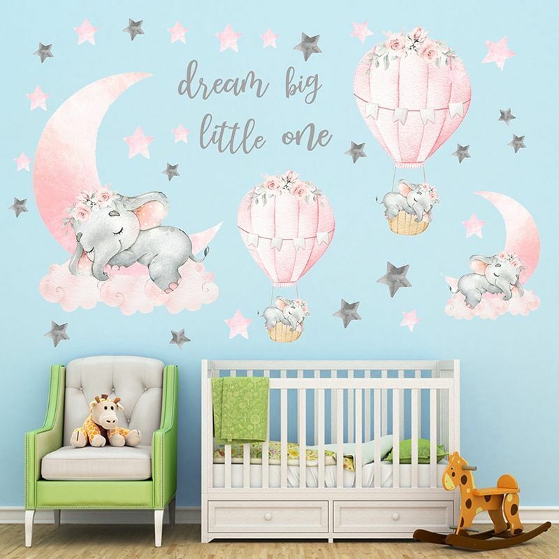 Wall Stickers Sleeping Elephant Air Balloon Nursery Kids Room Decals Home Decor