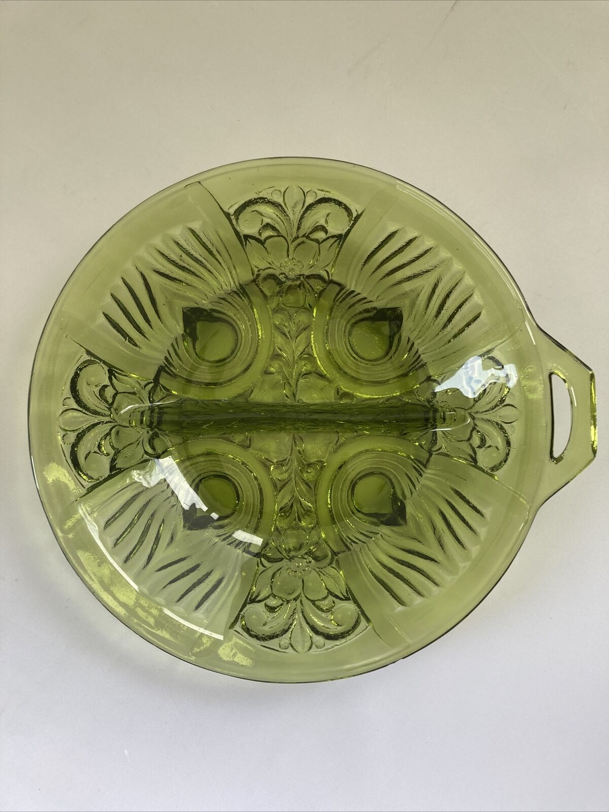 Vintage Green Glass Divided Dish Footed Relish Round Tray w/ handle