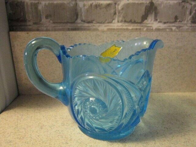 John Kemple Pressed Glass Aztec Blue Creamer / Small pitcher with sticker