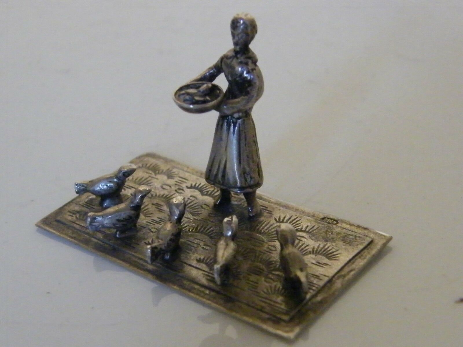 Silver Dutch Miniature Of Lady Feeding Ducks