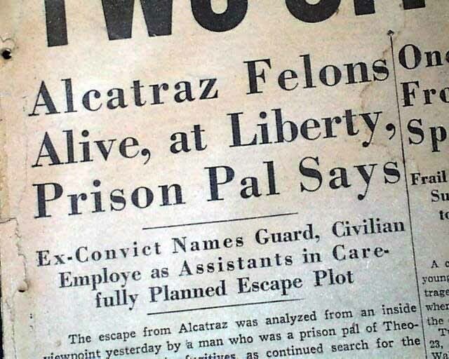 Escape From Alcatraz Prison The Rock 1st Successfull Breakout ? 1937 Newspaper