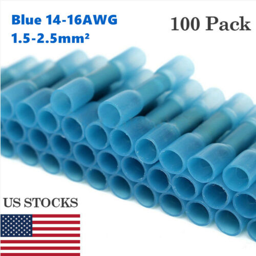 100X 16-14GA Blue Heat Shrink Waterproof Wire 1.5-2.5mm² Butt Conectors Terminal