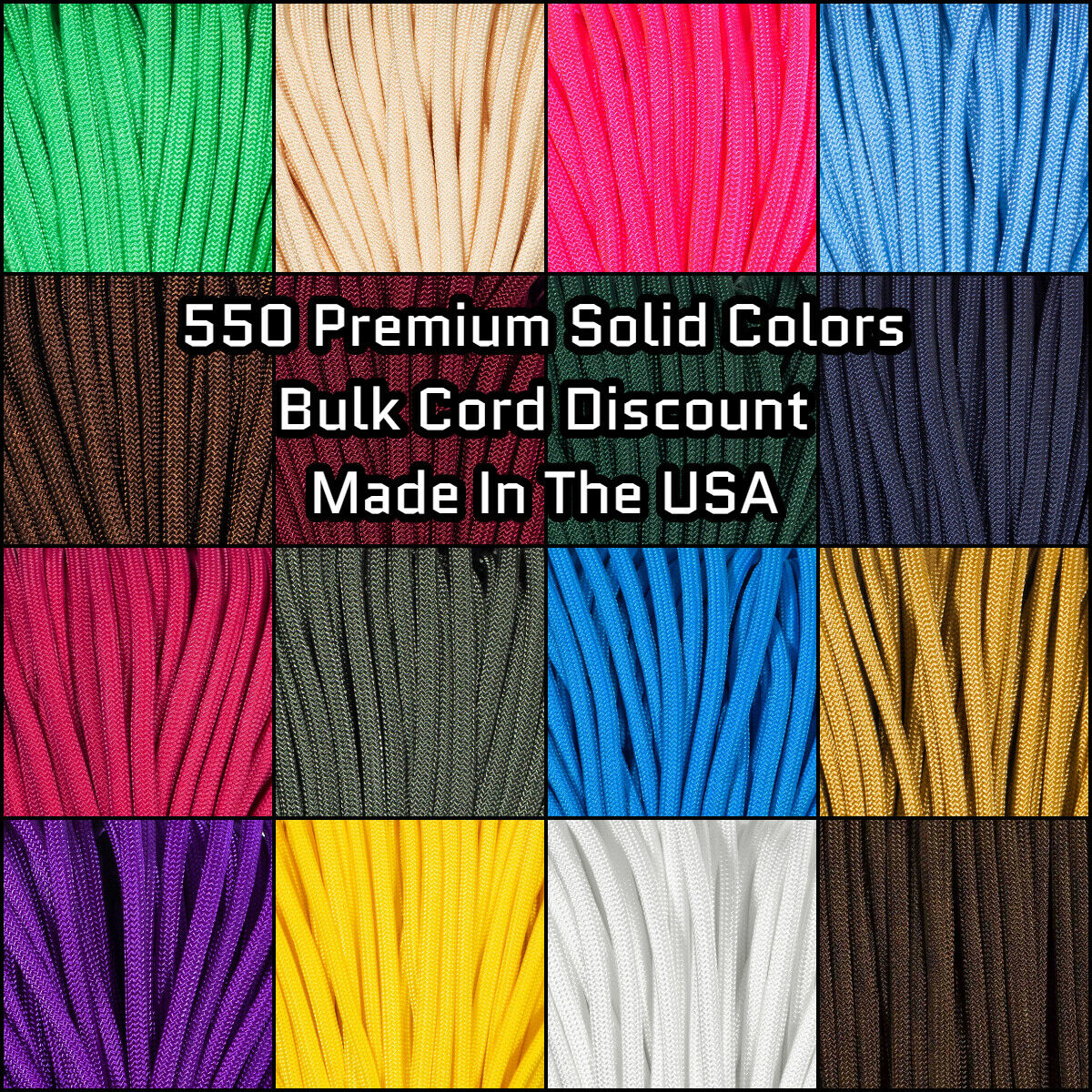 550 Paracord Premium Solid Colors - 10, 25, 50, & 100 Ft Options - Made In USA