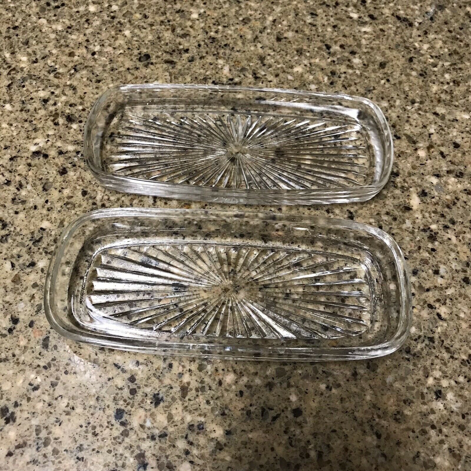 Set of (2) Vintage Pressed Glass Butter Dish Liner/ Inserts: Starburst Pattern