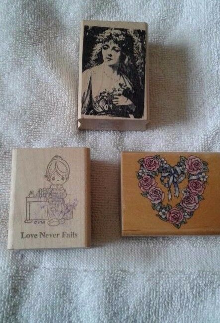 Rubber Stamps Lot Of 3 Wooden Love Never Fails,  Romantic Wreath, Woman