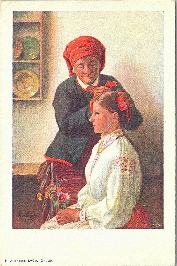 Illustrated Post Card Servant Woman Dressing European Girl's Hair Poland? 1910s