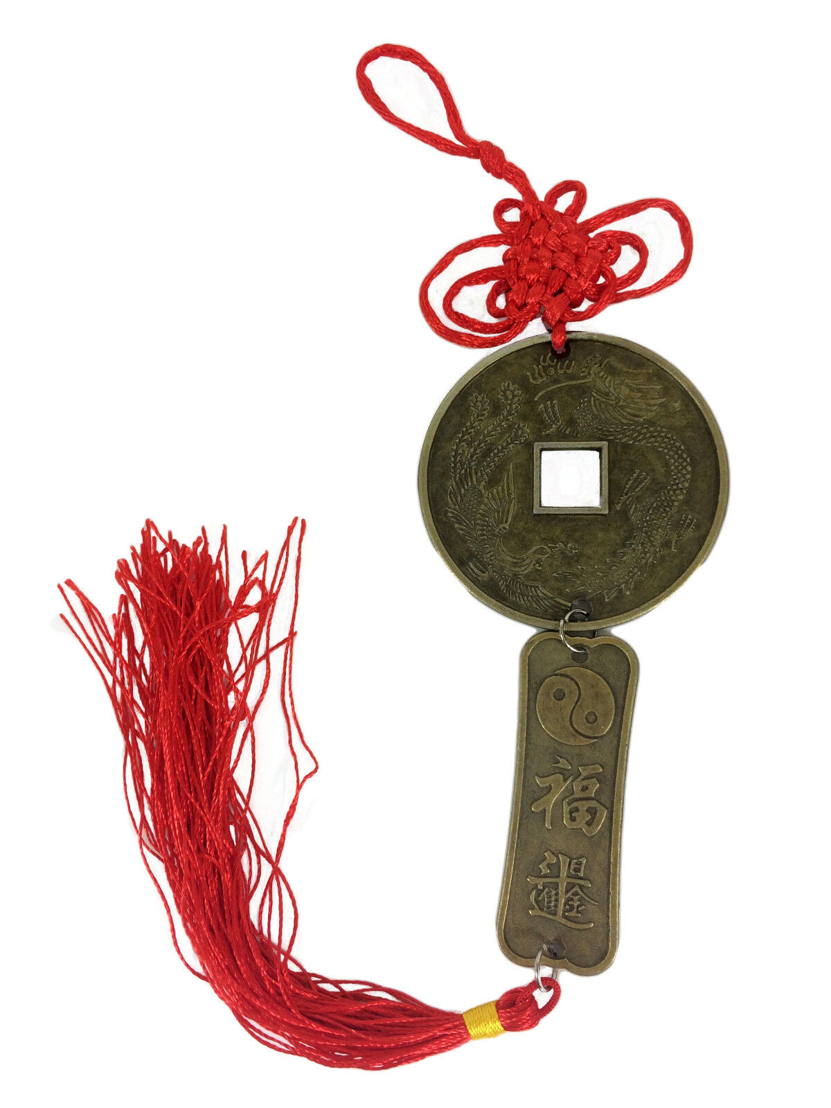 Yin Yang Chinese Coin Mystic Knot Tassel Hanger Chinese Characters Feng Shui