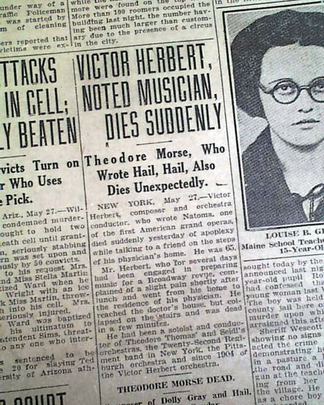 VICTOR HERBERT Musical Operetta Cellist Composer Conductor DEATH 1924 Newspaper