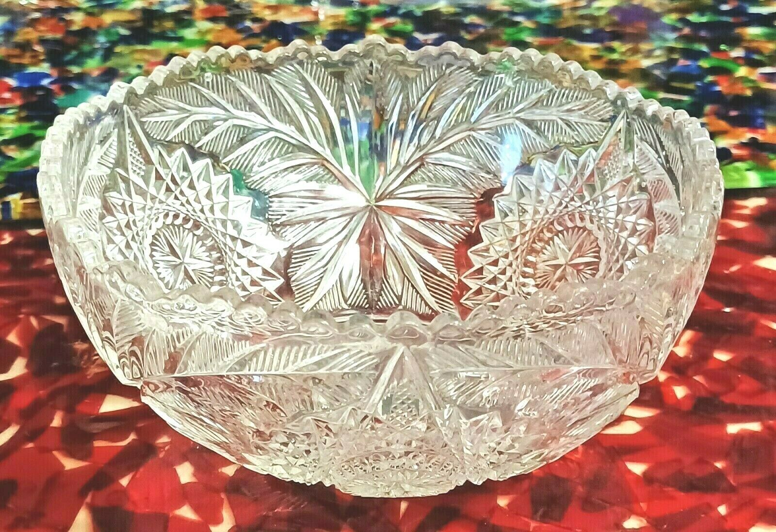 Vintage Pressed Glass Round Ornate Fruit Bowl Hobstar Palm Leaf  7.5" Diameter