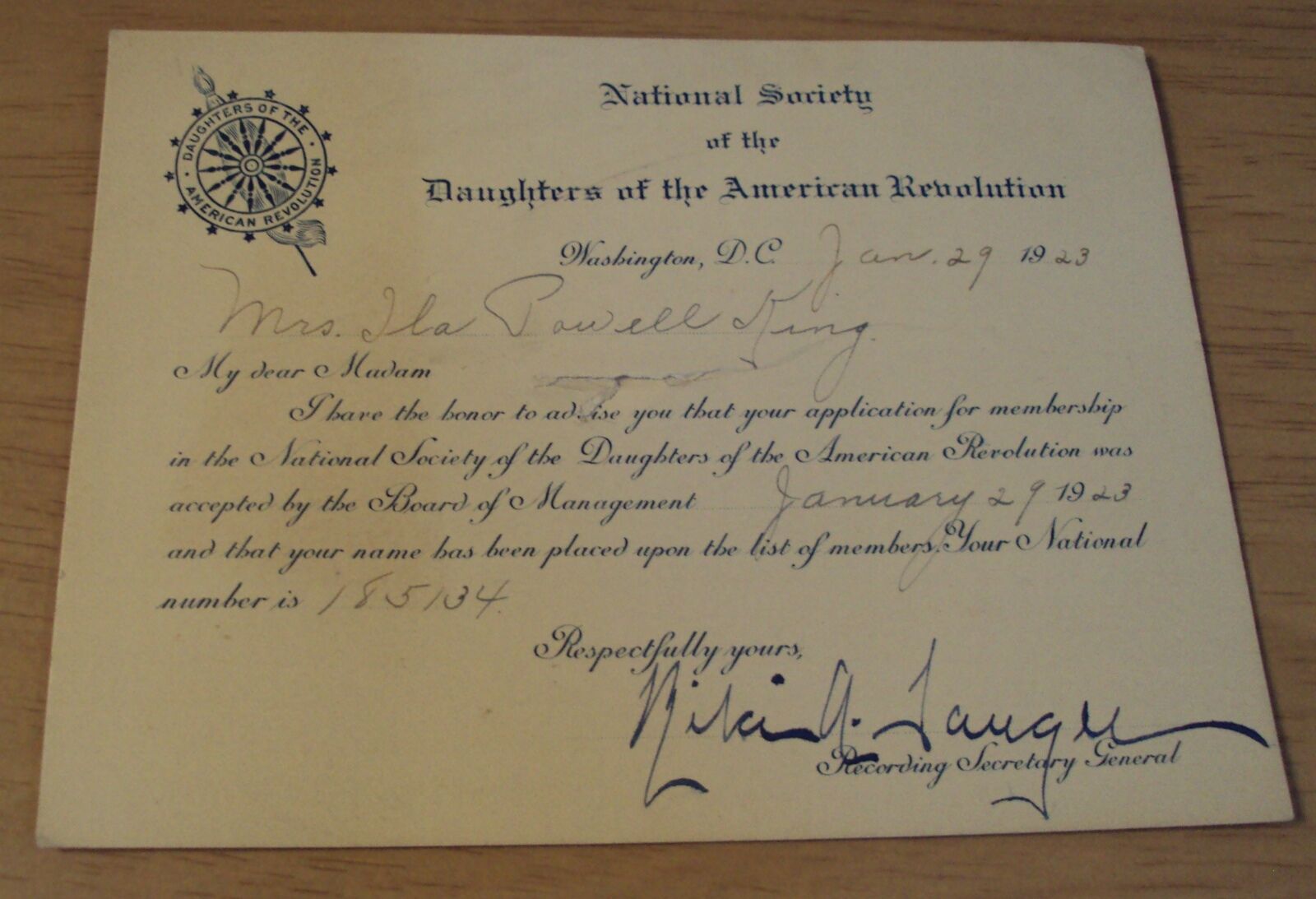 1923 D.A.R. Acceptance Certificate/Card~