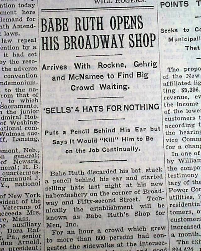 Babe Ruth Opens Souvenir Shop On Broadway Yankees 1930 New York Times Newspaper